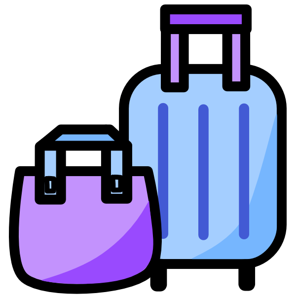 A purple bag with a blue hand sits next to a blue suitcase with a purple handle. The image has black line art.